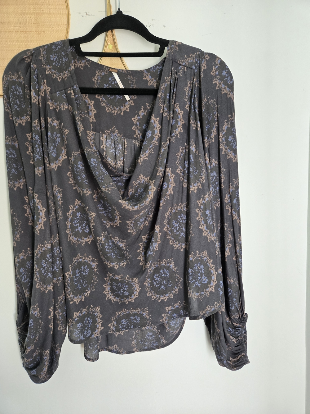 Free People Gray Floral Draped Cowl Neck Blouse